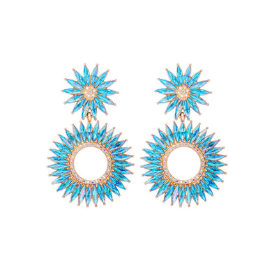 Fashion Brilliant Plated Gold Sun Geometric Earrings with Blue Cubic Zirconia