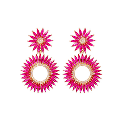 Fashion Brilliant Plated Gold Sun Geometric Earrings with Rose Red Cubic Zirconia