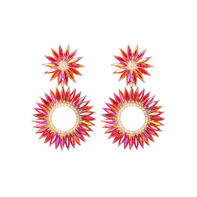 Fashion Brilliant Plated Gold Sun Geometric Earrings with Red Cubic Zirconia