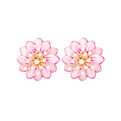 Fashion and Elegant Plated Gold Enamel Pink Flower Imitation Pearl Stud Earrings