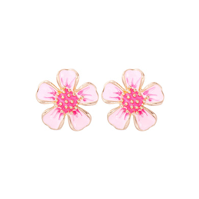 Simple and Elegant Plated Gold Enamel Pink Flower Stud Earrings