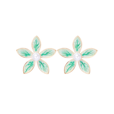 Fashion Temperament Plated Gold Enamel Green Flower Stud Earrings with Imitation Pearls