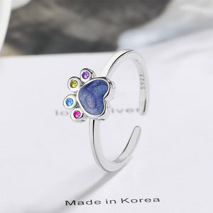 Simple Cute Dog Paw Print Adjustable Open Ring with Colored Cubic Zirconia