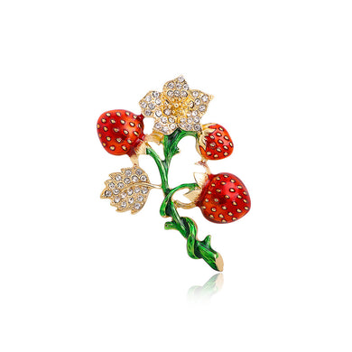 Fashion Sweet Plated Gold Enamel Strawberry Flower Brooch with Cubic Zirconia