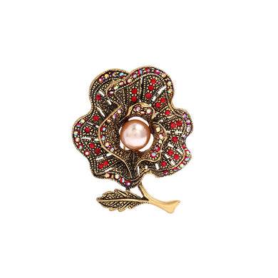 Fashion Vintage Plated Gold Flower Imitation Pearl Brooch with Cubic Zirconia