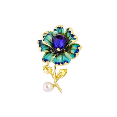 Fashion and Elegant Plated Gold Enamel Blue Flower Imitation Pearl Brooch with Cubic Zirconia