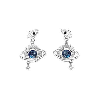 925 Sterling Silver Fashion Creative Planet Spaceship Earrings with Cubic Zirconia