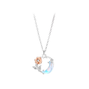 925 Sterling Silver Fashion Simple Rose Moon Moonstone Pendant with Necklace