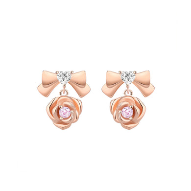 925 Sterling Silver Plated Rose Gold Simple Sweet Ribbon Rose Stud Earrings with Cubic Zirconia