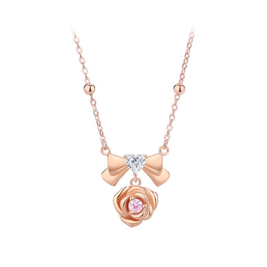 925 Sterling Silver Plated Rose Gold Simple and Sweet Ribbon Rose Pendant with Cubic Zirconia and Necklace