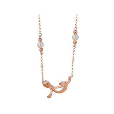 925 Sterling Silver Plated Rose Gold Simple and Sweet Ribbon Pendant with Cubic Zirconia and Necklace