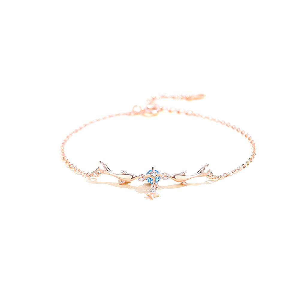 925 Sterling Silver Plated Rose Gold Simple Cute Dolphin Bracelet with Cubic Zirconia