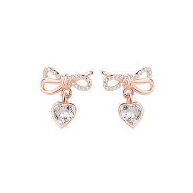 925 Sterling Silver Plated Rose Gold Simple Sweet Ribbon Heart-shaped Stud Earrings with Cubic Zirconia