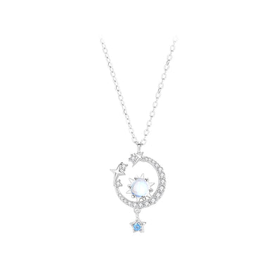 925 Sterling Silver Fashion Simple Moon Star Moonstone Pendant with Cubic Zirconia and Necklace