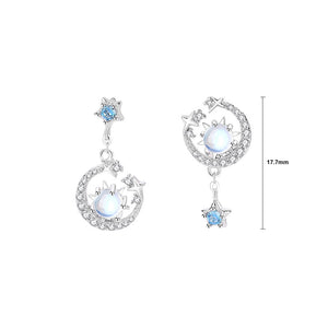 925 Sterling Silver Fashion Simple Moon Star Moonstone Stud Earrings with Cubic Zirconia