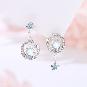925 Sterling Silver Fashion Simple Moon Star Moonstone Stud Earrings with Cubic Zirconia