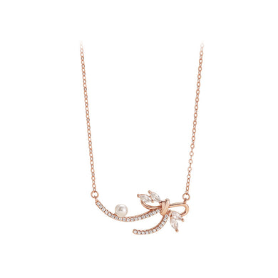 925 Sterling Silver Plated Rose Gold Fashion Sweet Ribbon Imitation Pearl Pendant with Cubic Zirconia and Necklace