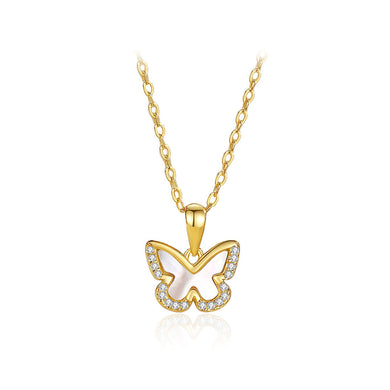 925 Sterling Silver Plated Gold Simple Cute Butterfly Pendant with Cubic Zirconia and Necklace