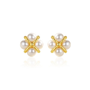 925 Sterling Silver Plated Gold Simple and Elegant Four-leafed Clover Imitation Pearl Stud Earrings