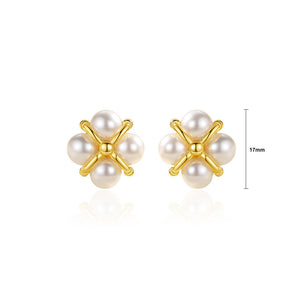 925 Sterling Silver Plated Gold Simple and Elegant Four-leafed Clover Imitation Pearl Stud Earrings