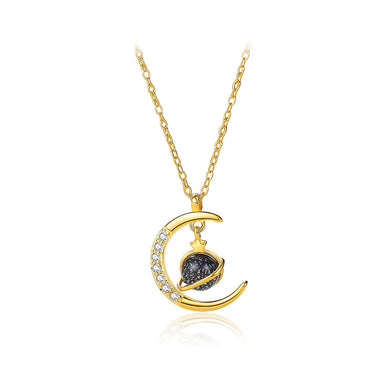 925 Sterling Silver Plated Gold Fashion Simple Planet Moon Pendant with Cubic Zirconia and Necklace