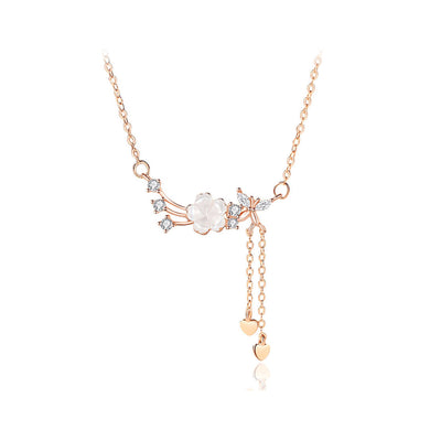 925 Sterling Silver Plated Rose Gold Fashion Flower Butterfly Tassel Pendant with Cubic Zirconia and Necklace