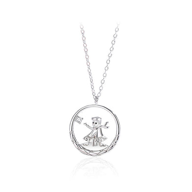 925 Sterling Silver Fashion and Creative Little Prince Geometric Circle Pendant with Cubic Zirconia and Necklace