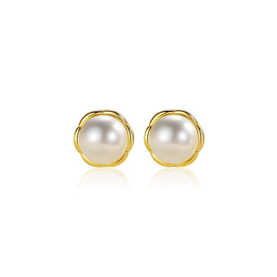 925 Sterling Silver Plated Gold Simple and Elegant Flower Imitation Pearl Stud Earrings
