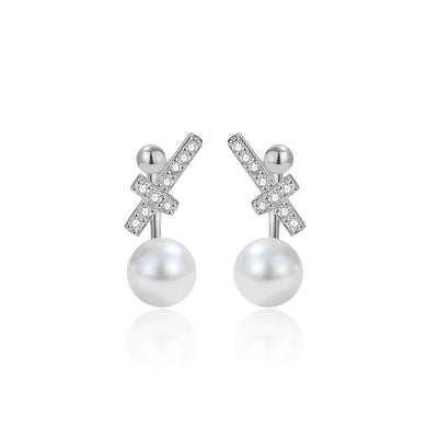 925 Sterling Silver Fashion Simple Cross Imitation Pearl Stud Earrings with Cubic Zirconia