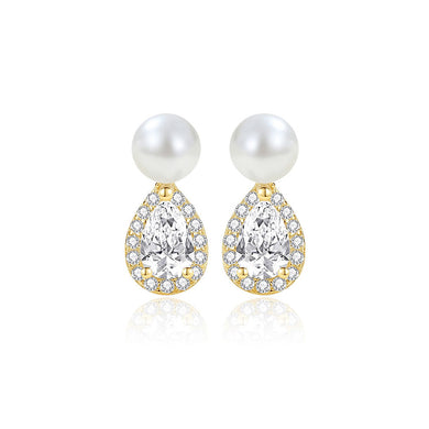 925 Sterling Silver Plated Gold Fashion and Elegant Water Drop Shape Imitation Pearl Stud Earrings with Cubic Zirconia