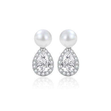 925 Sterling Silver Fashion and Elegant Water Drop Shape Imitation Pearl Stud Earrings with Cubic Zirconia