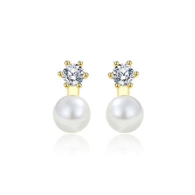 925 Sterling Silver Plated Gold Simple Elegant Geometric Imitation Pearl Stud Earrings with Cubic Zirconia