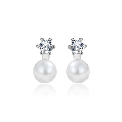 925 Sterling Silver Simple Elegant Geometric Imitation Pearl Stud Earrings with Cubic Zirconia