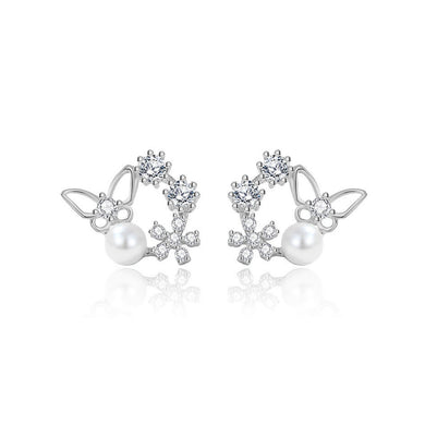 925 Sterling Silver Simple Sweet Butterfly Flower Imitation Pearl Stud Earrings with Cubic Zirconia