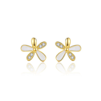 925 Sterling Silver Plated Gold Simple Sweet Flower Stud Earrings with Cubic Zirconia