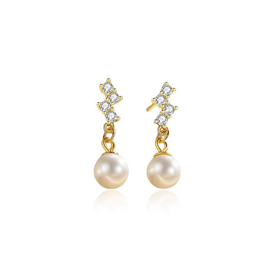 925 Sterling Silver Plated Gold Fashion Elegant Geometric Imitation Pearl Tassel Earrings with Cubic Zirconia