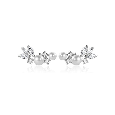 925 Sterling Silver Fashion Elegant Geometric Imitation Pearl Stud Earrings with Cubic Zirconia