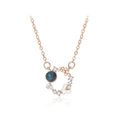 925 Sterling Silver Plated Rose Gold Planet Flower Pendant with Cubic Zirconia and Necklace