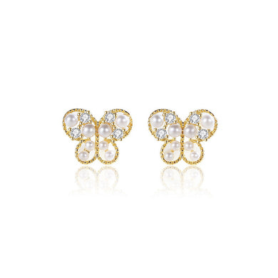 925 Sterling Silver Plated Gold Fashion Elegant Butterfly Imitation Pearl Stud Earrings with Cubic Zirconia