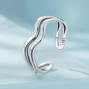925 Sterling Silver Simple and Personalized Wavy Double-layer Geometric Adjustable Open Ring