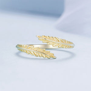 925 Sterling Silver Plated Gold Simple Fashion Leaf Adjustable Open Ring