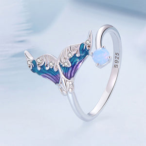 925 Sterling Silver Fashion Simple Enamel Mermaid Tail Adjustable Open Ring with Cubic Zirconia