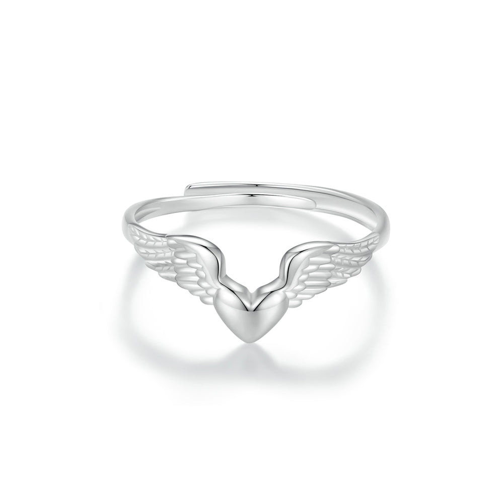 925 Sterling Silver Fashion Simple Heart Shape Angel Wings Adjustable Ring