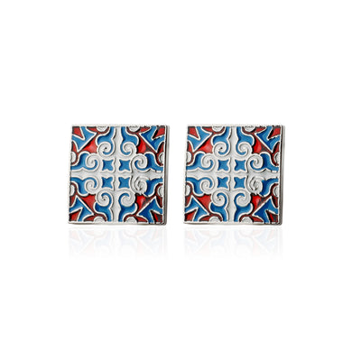 Fashion Vintage Enamel Blue Pattern Geometric Square Cufflinks