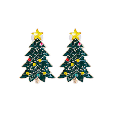 Fashion Simple Plated Gold Enamel Christmas Tree Stud Earrings with Cubic Zirconia