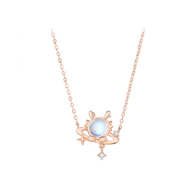 925 Sterling Silver Plated Rose Gold Fashion Creative Planet Dragon Moonstone Pendant with Cubic Zirconia and Necklace