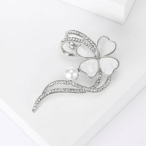 Fashion and Elegant Four-leafed Clover Ribbon Imitation Pearl Brooch with Cubic Zirconia