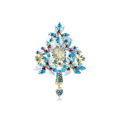 Fashion Brilliant Plated Gold Christmas Tree Brooch with Blue Cubic Zirconia