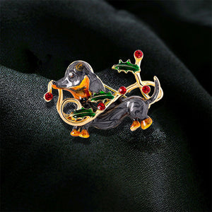 Simple Cute Plated Gold Enamel Christmas Dog Brooch with Cubic Zirconia