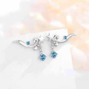 925 Sterling Silver Fashion Simple Star Line Stud Earrings with Blue Cubic Zirconia